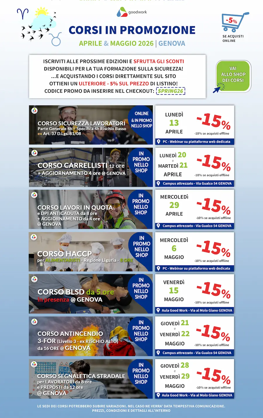 Corsi Sicurezza in promozione aprile maggio 2026 genova e online